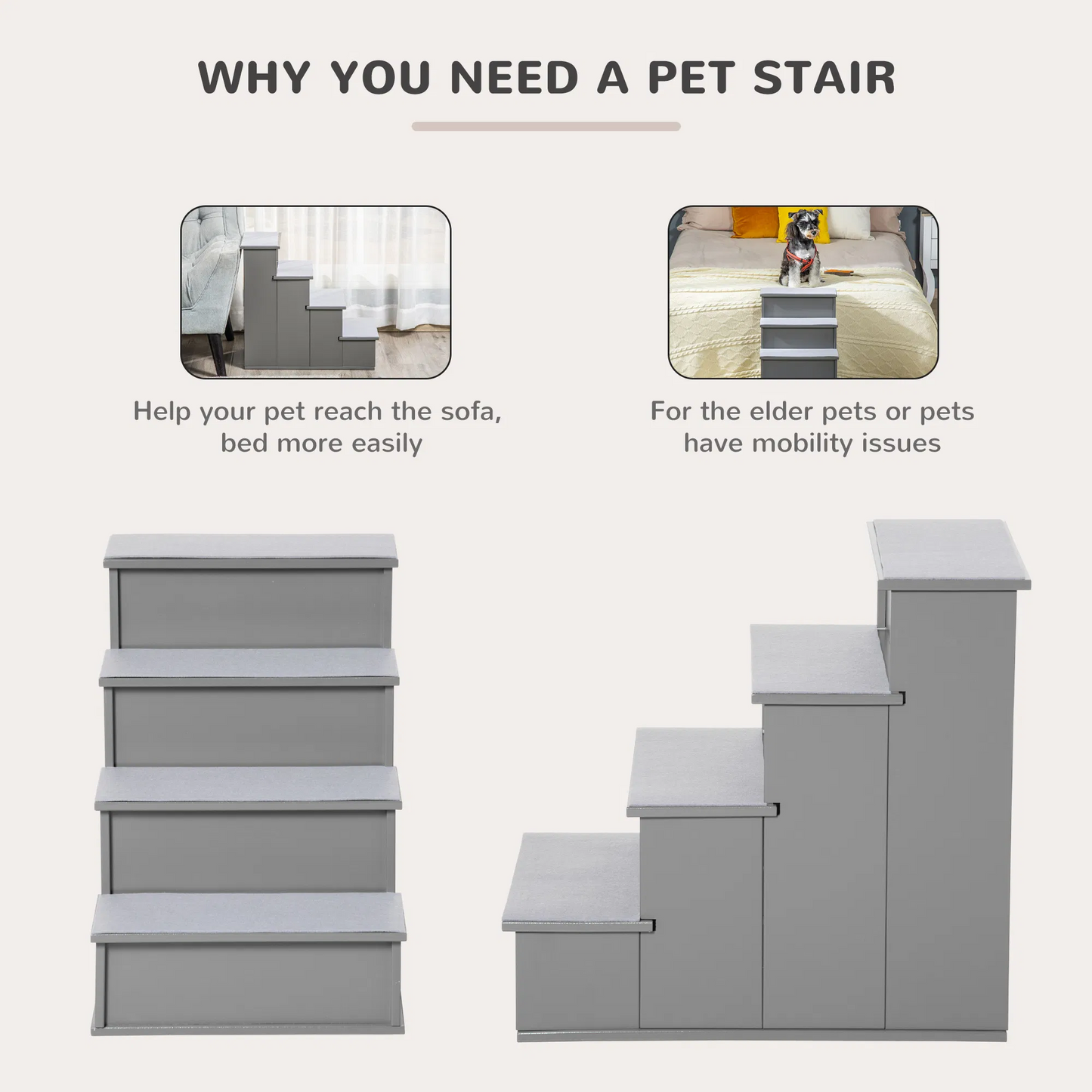Grey 21 inch dog stairs with soft plush cushions for small pets and elderly dogs