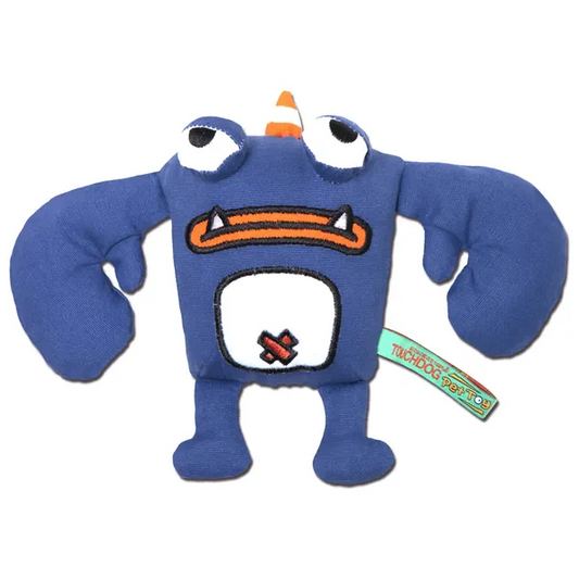 Crabby Tooth Monster plush dog toy with embroidered details and durable nylon shell