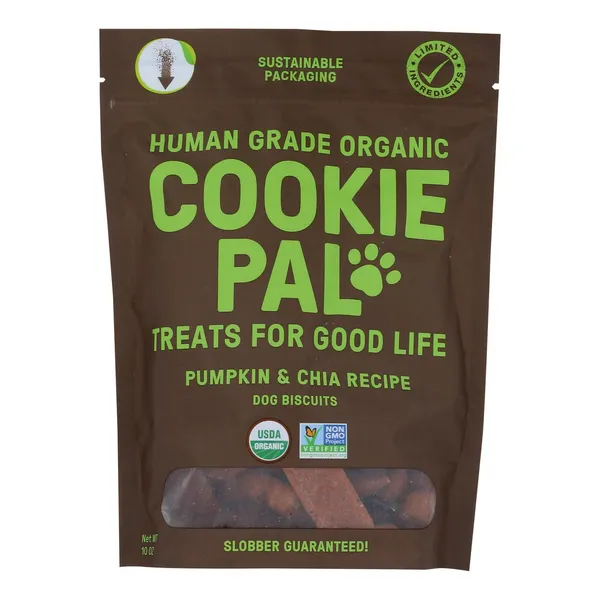 Four 10 oz bags of Cookie Pal oven-baked dog biscuits made with organic, human-grade ingredients for healthy digestion and coat