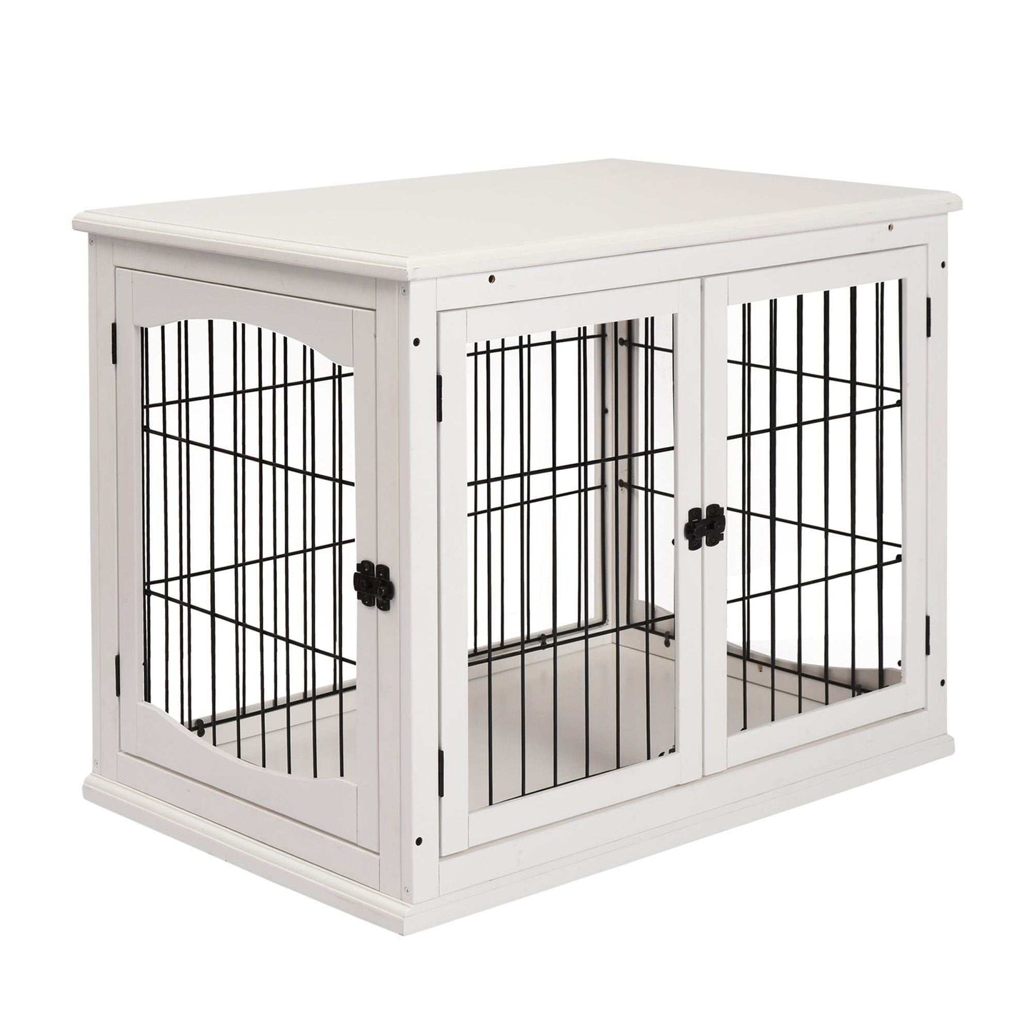 White 26-inch furniture style dog crate with 2-in-1 tabletop design and double doors for small dogs