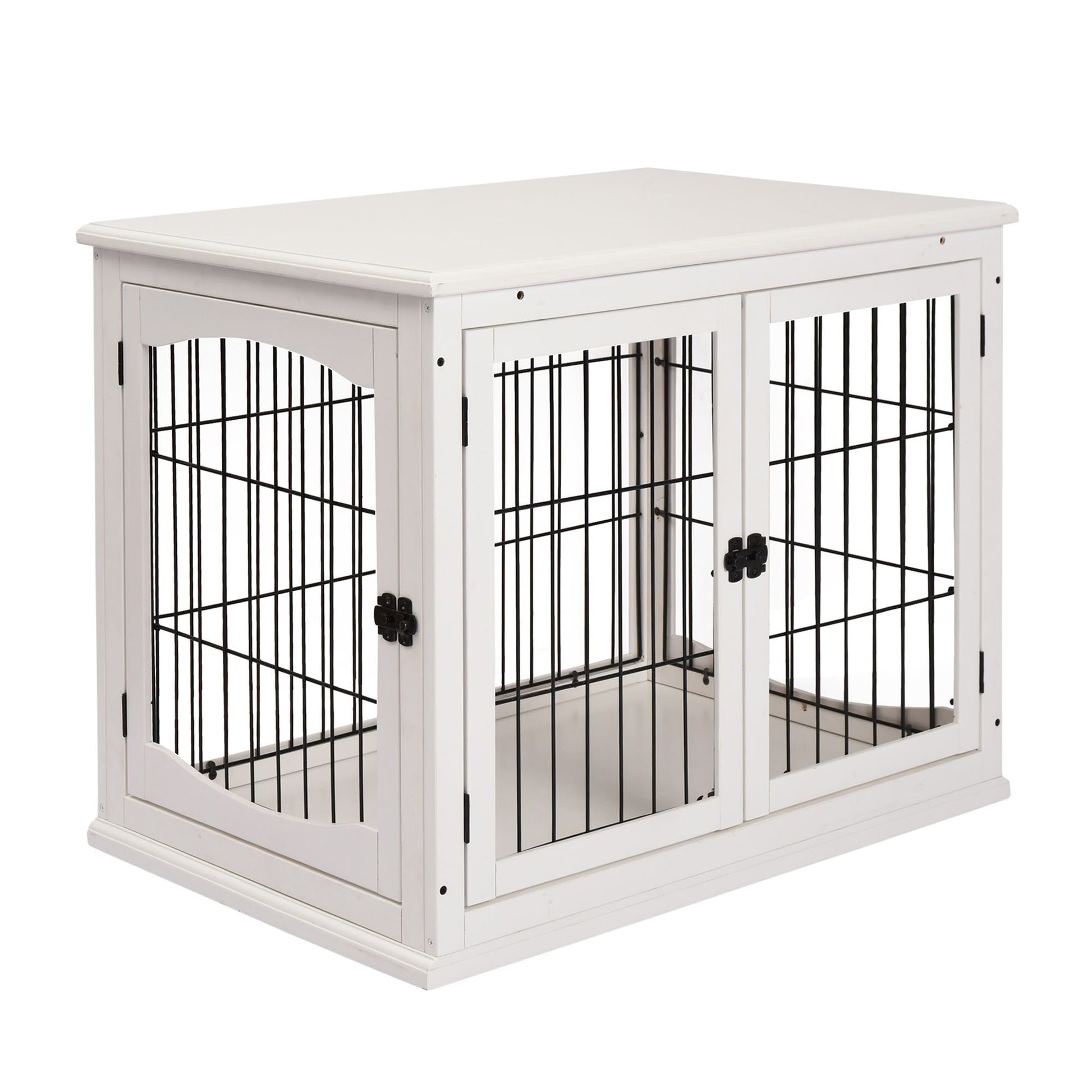 White 26-inch furniture style dog crate with 2-in-1 tabletop design and double doors for small dogs
