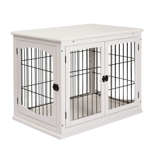 White 26-inch furniture style dog crate with 2-in-1 tabletop design and double doors for small dogs