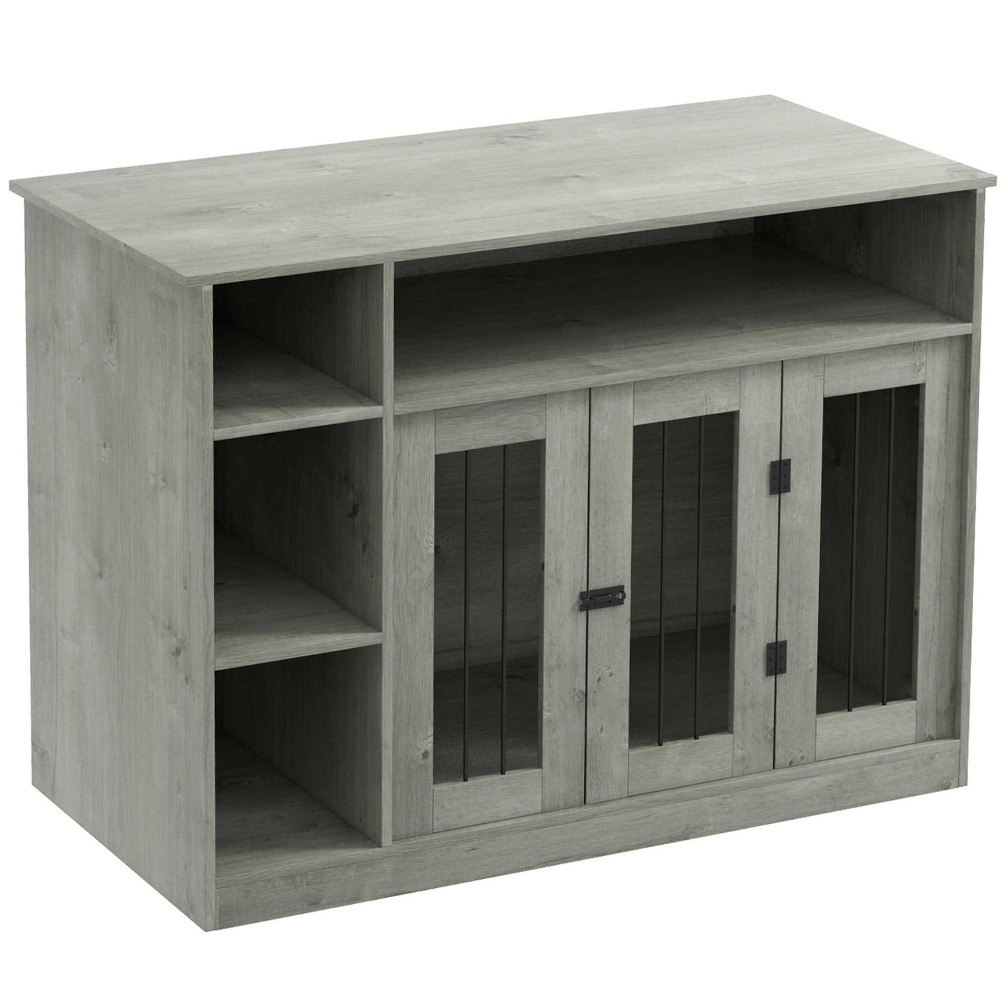 Gray 47-inch furniture style dog crate with lockable door and adjustable shelves for medium dogs up to 55 lbs