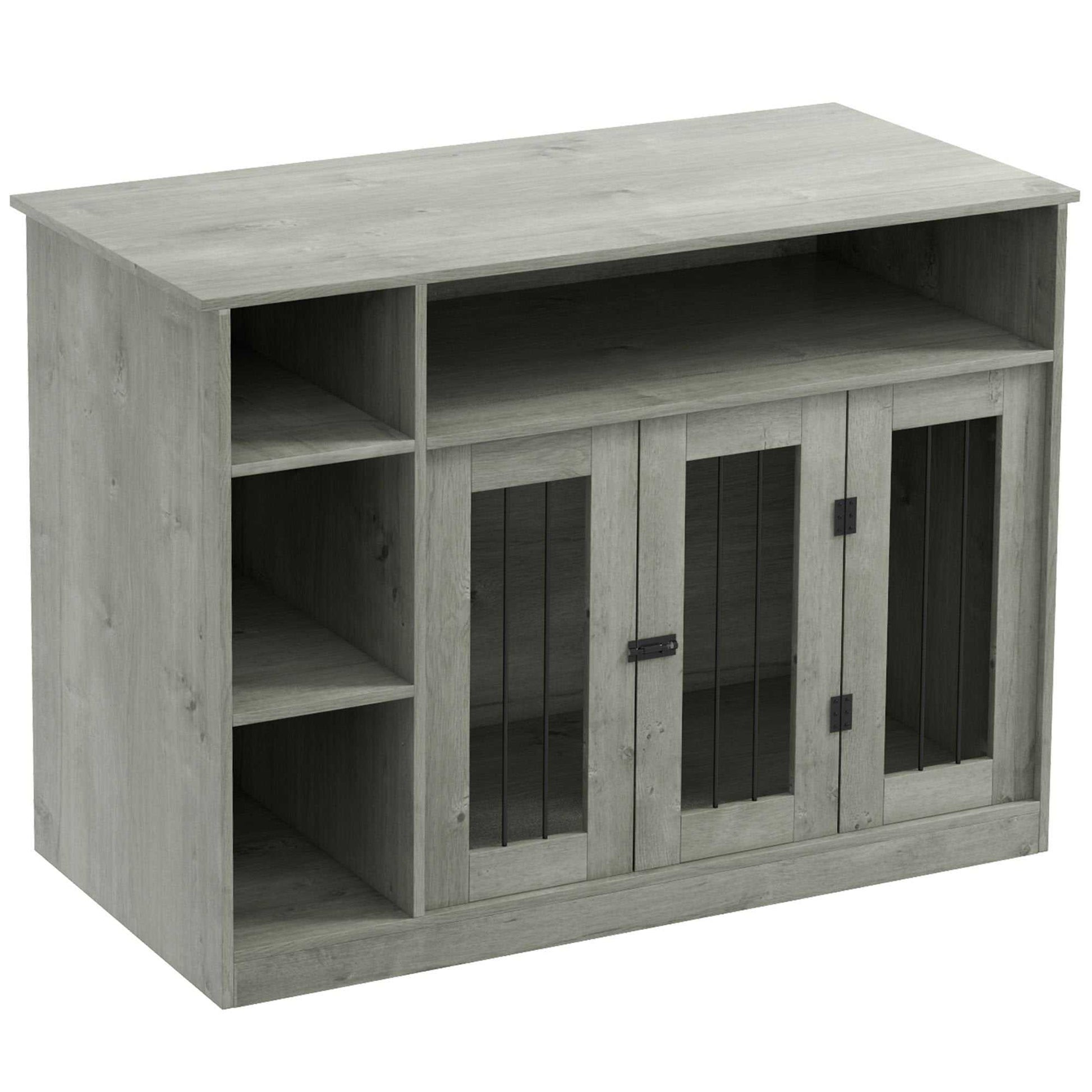 Gray 47-inch furniture style dog crate with lockable door and adjustable shelves for medium dogs up to 55 lbs