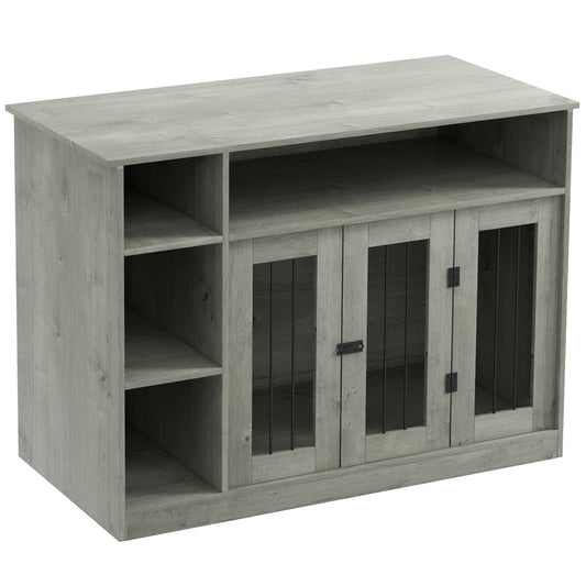 Gray 47-inch furniture style dog crate with lockable door and adjustable shelves for medium dogs up to 55 lbs
