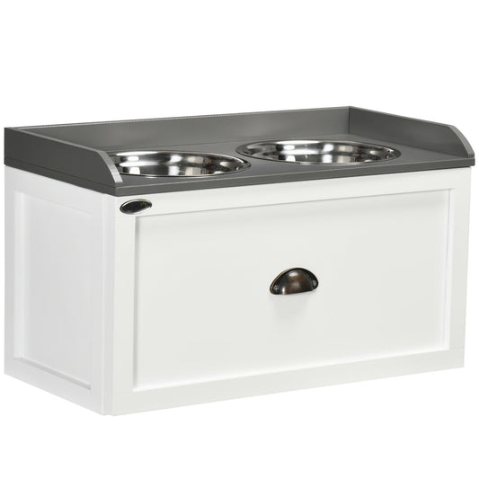 Elevated Dog Bowls with Storage Drawer - White