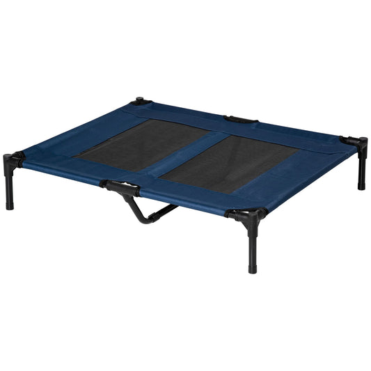 Cooling raised dog cot with breathable mesh and sturdy steel frame elevated 7 inches off ground for pet comfort