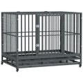 42-inch heavy duty steel dog crate with wheels, two doors, and slide-out tray for easy cleaning