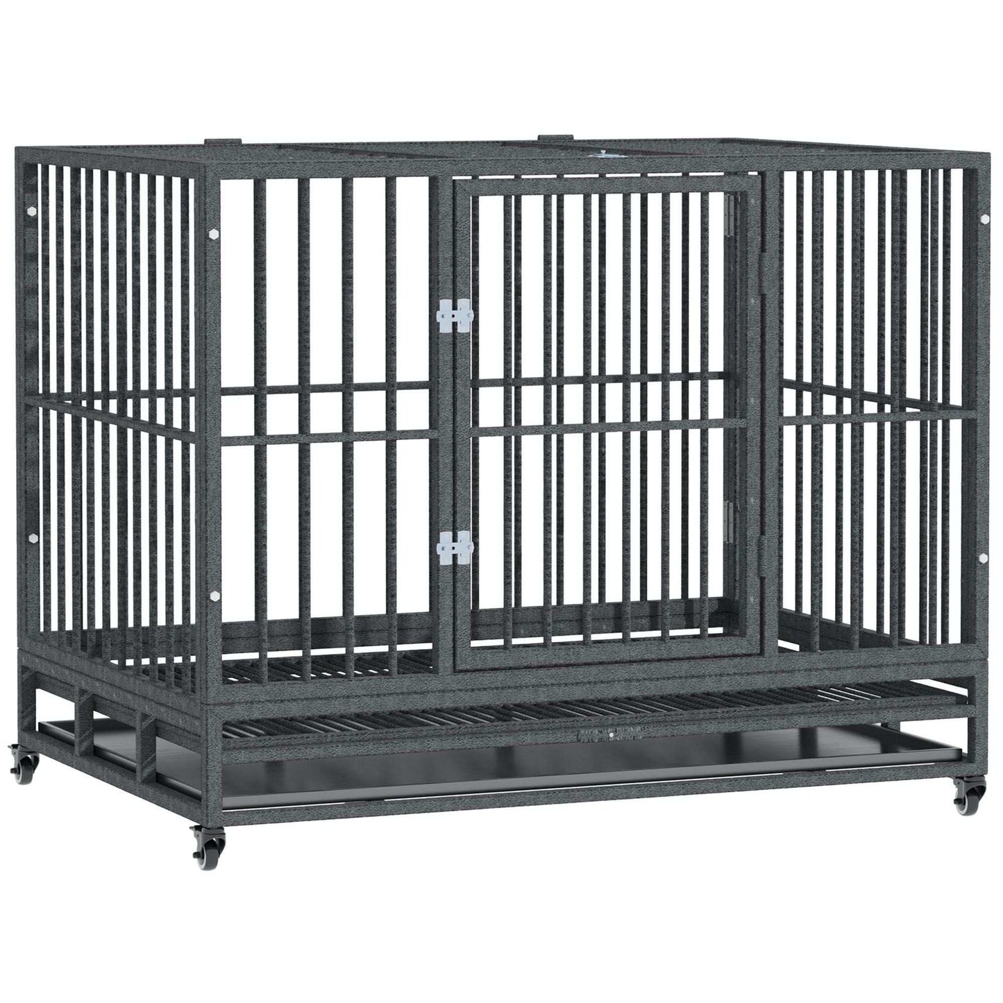 42-inch heavy duty steel dog crate with wheels, two doors, and slide-out tray for easy cleaning