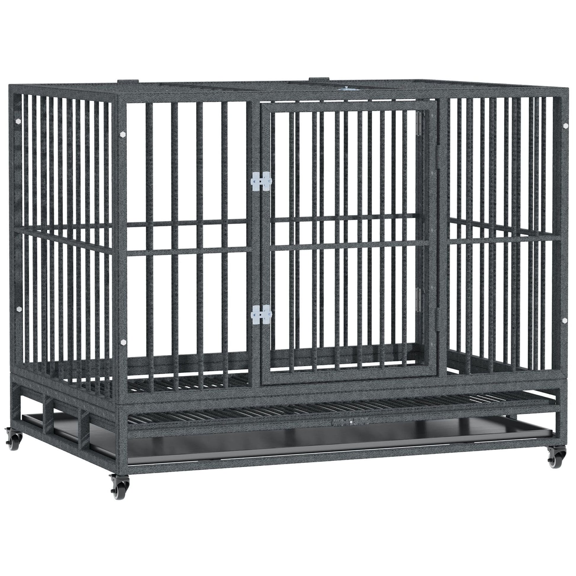 42-inch heavy duty steel dog crate with wheels, two doors, and slide-out tray for easy cleaning