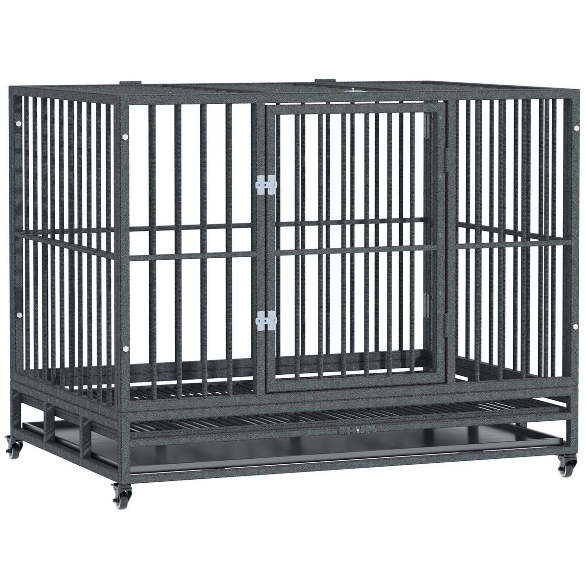 42-inch heavy duty steel dog crate with wheels, two doors, and slide-out tray for easy cleaning