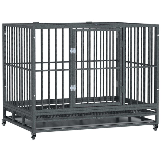 42-inch heavy duty steel dog crate with wheels, two doors, and slide-out tray for easy cleaning