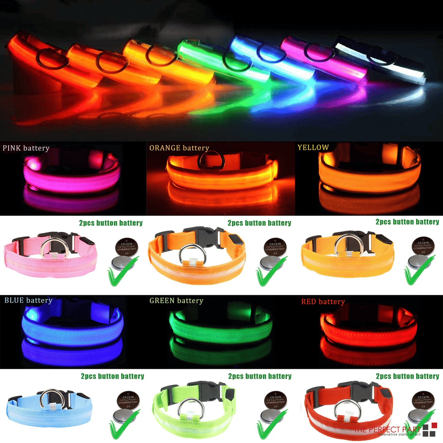 Waterproof Adjustable LED Flat Dog Collar