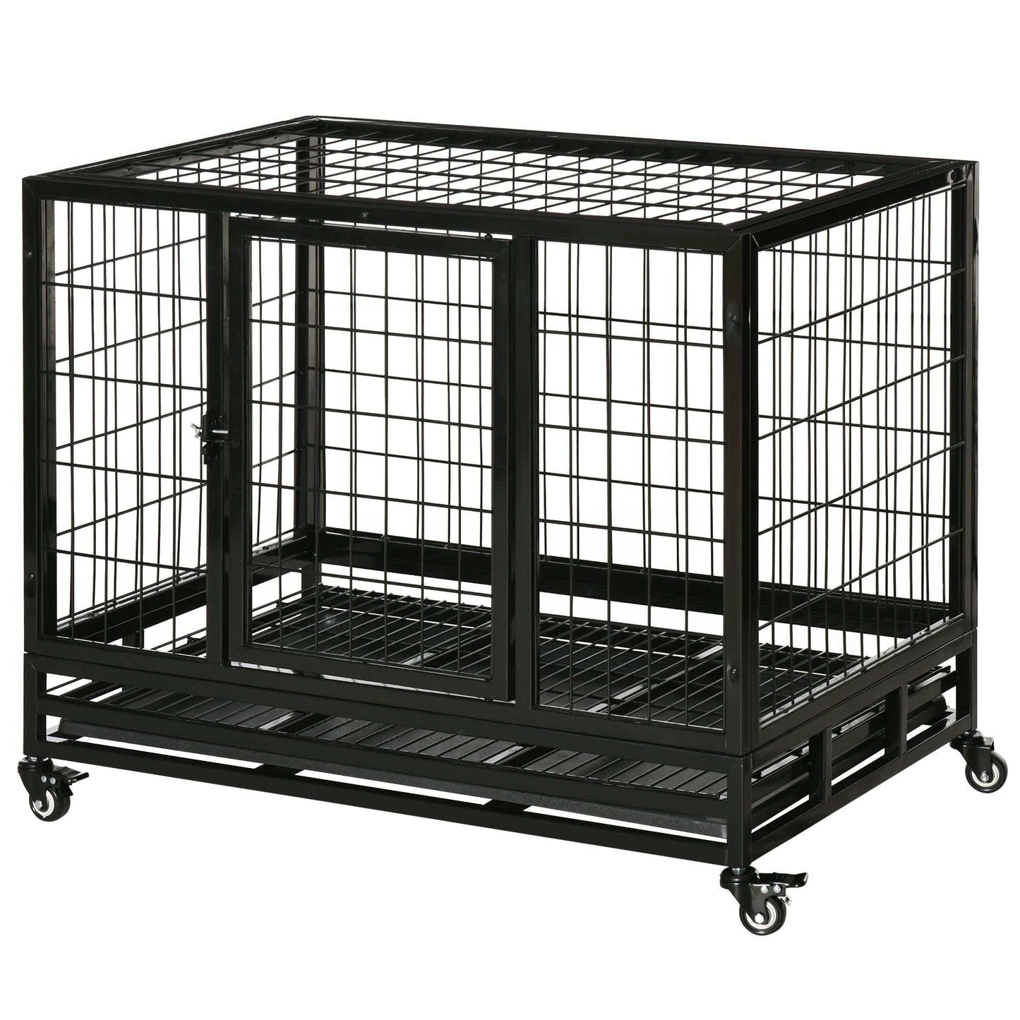 36-inch black heavy duty metal dog crate with removable tray and lockable caster wheels