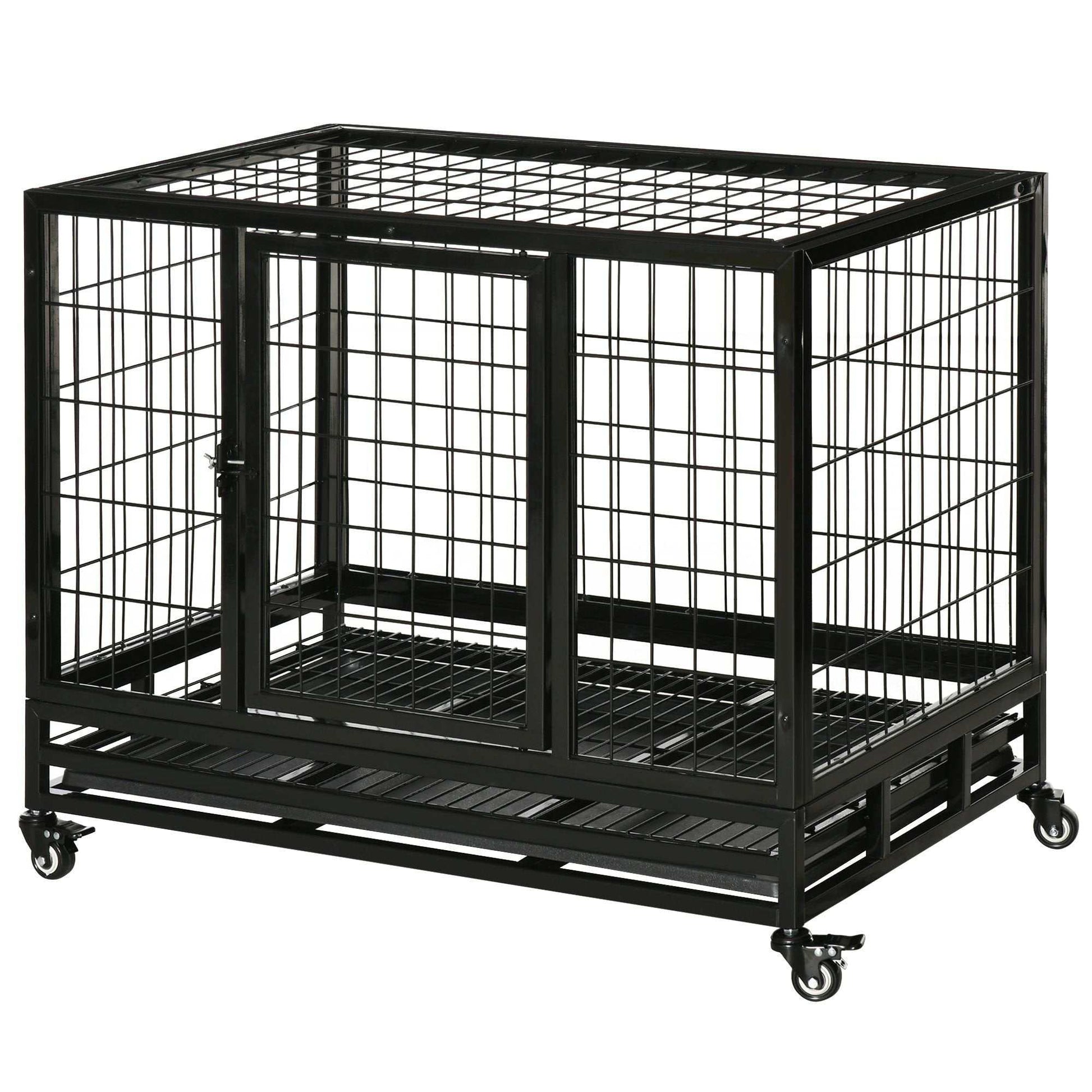 36-inch black heavy duty metal dog crate with removable tray and lockable caster wheels