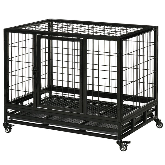 36-inch black heavy duty metal dog crate with removable tray and lockable caster wheels