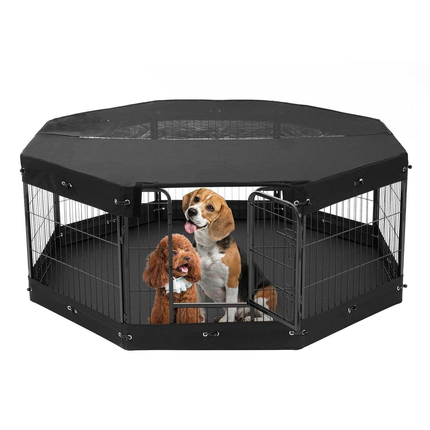 Covered indoor dog pen with 8 foldable panels, mesh top cover, and waterproof fabric for small pets and puppies.