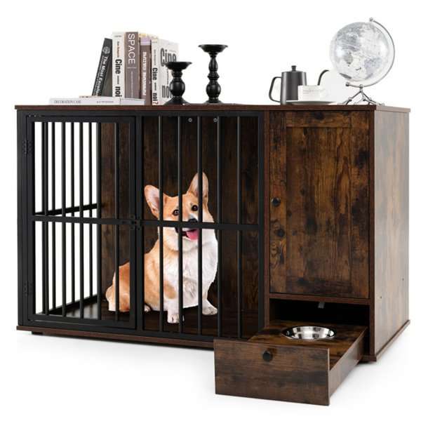 2-in-1 furniture style dog crate in coffee color with pull-out feeder and storage cabinet