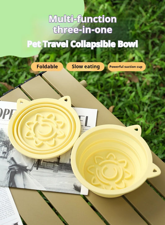 Collapsible travel dog bowl made of durable silicone with suction base and hook for easy carrying