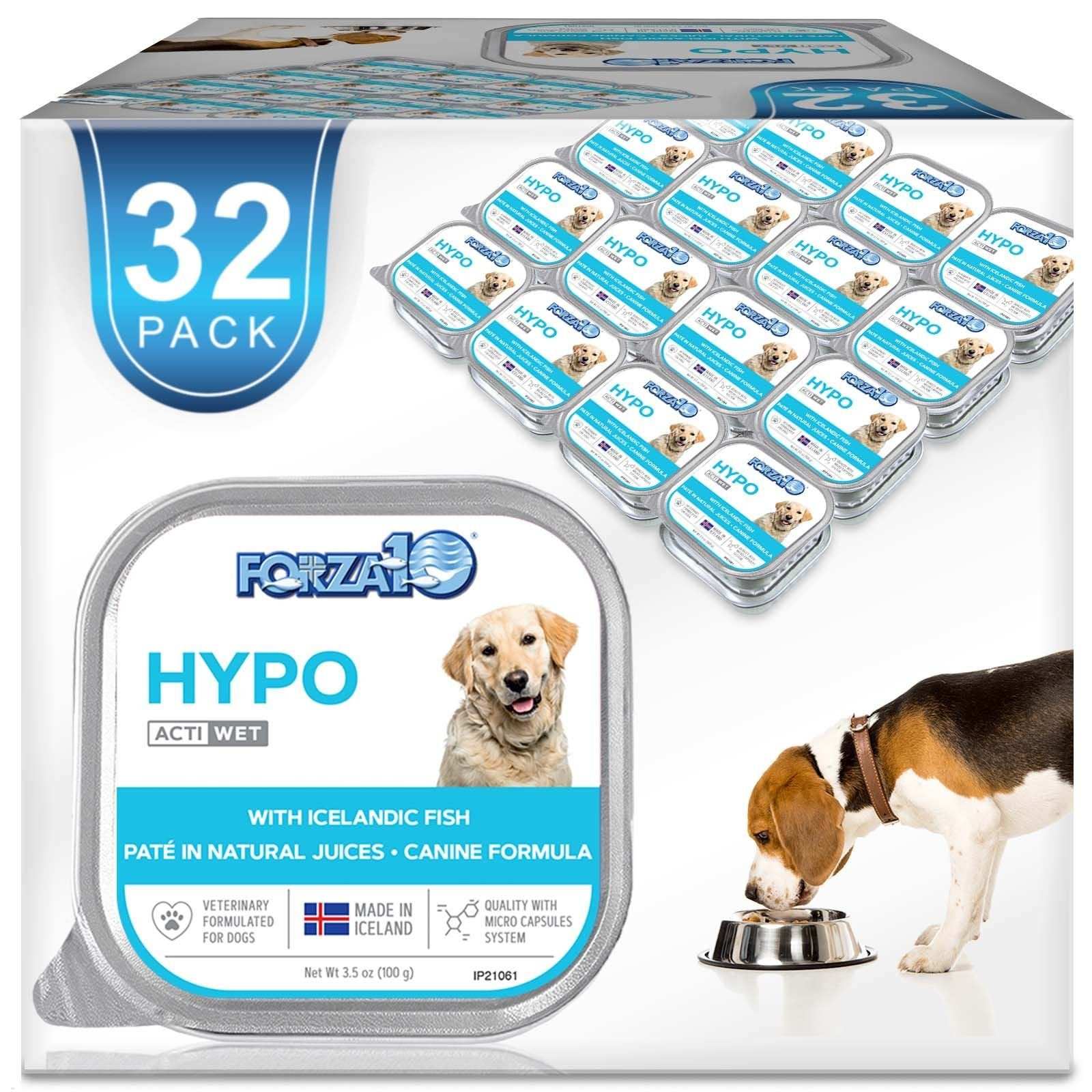 32 pack of hypoallergenic wet adult dog foods with fish, gluten-free and antibiotic-free ingredients