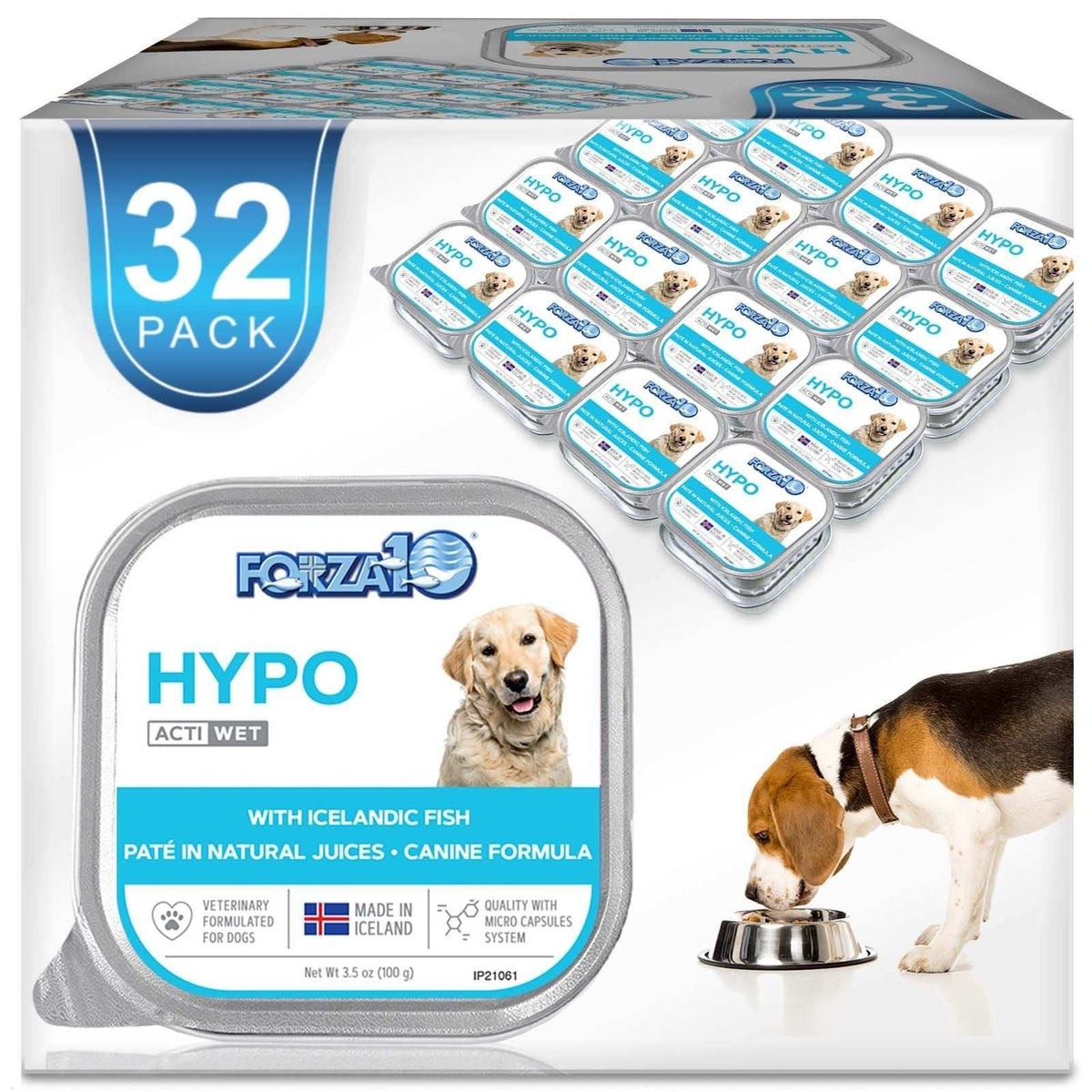 32 pack of hypoallergenic wet adult dog foods with fish, gluten-free and antibiotic-free ingredients