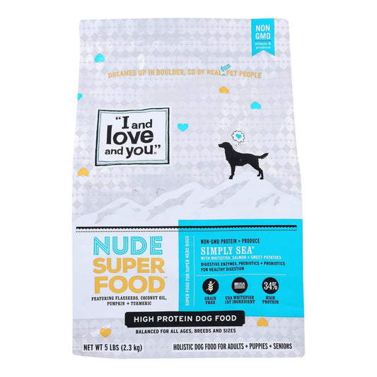 Three 5 lb bags of Simply Sea Recipe Dry Adult Dog Food with fish-based ingredients and crunchy kibble