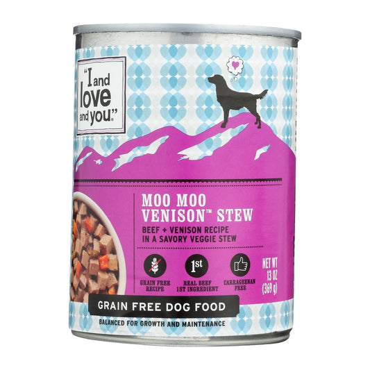 12-pack of Moo Moo Venison Stew wet dog food cans with beef and venison in vegetable stew