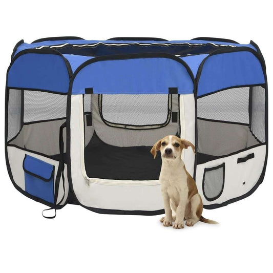 Foldable octagonal blue and cream dog playpen with mesh panels for indoor and outdoor pet safety and comfort