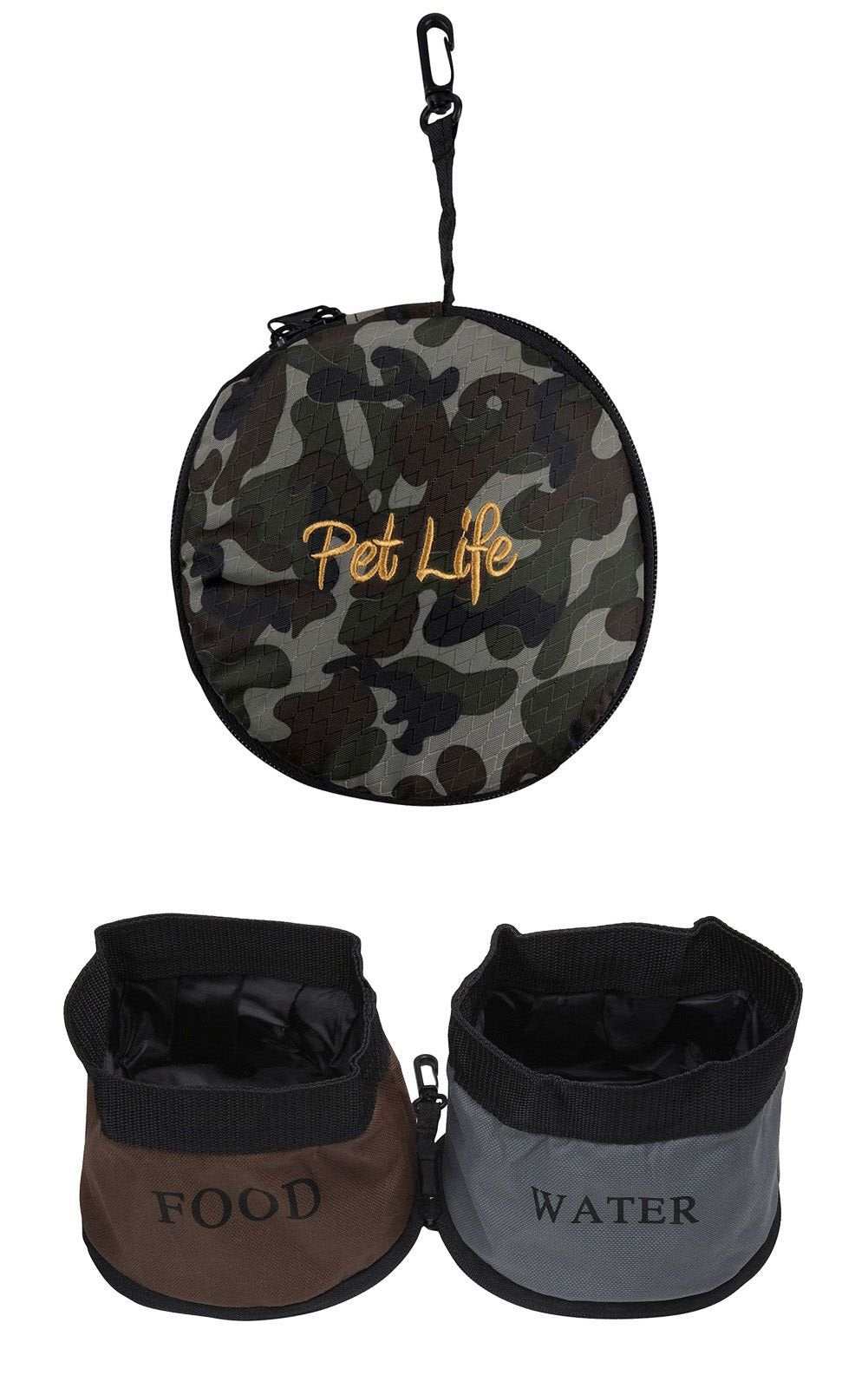 Collapsible double food and water dog travel bowls made from waterproof seatbelt material with ripstop nylon, ideal for outdoor use.