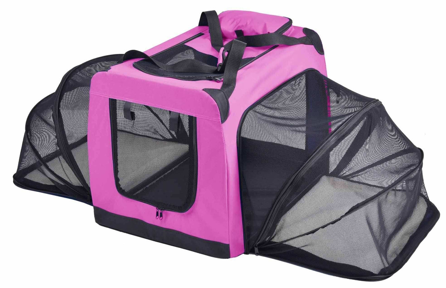 Collapsible soft sided dog crate with expandable mesh sides and removable Sherpa pads