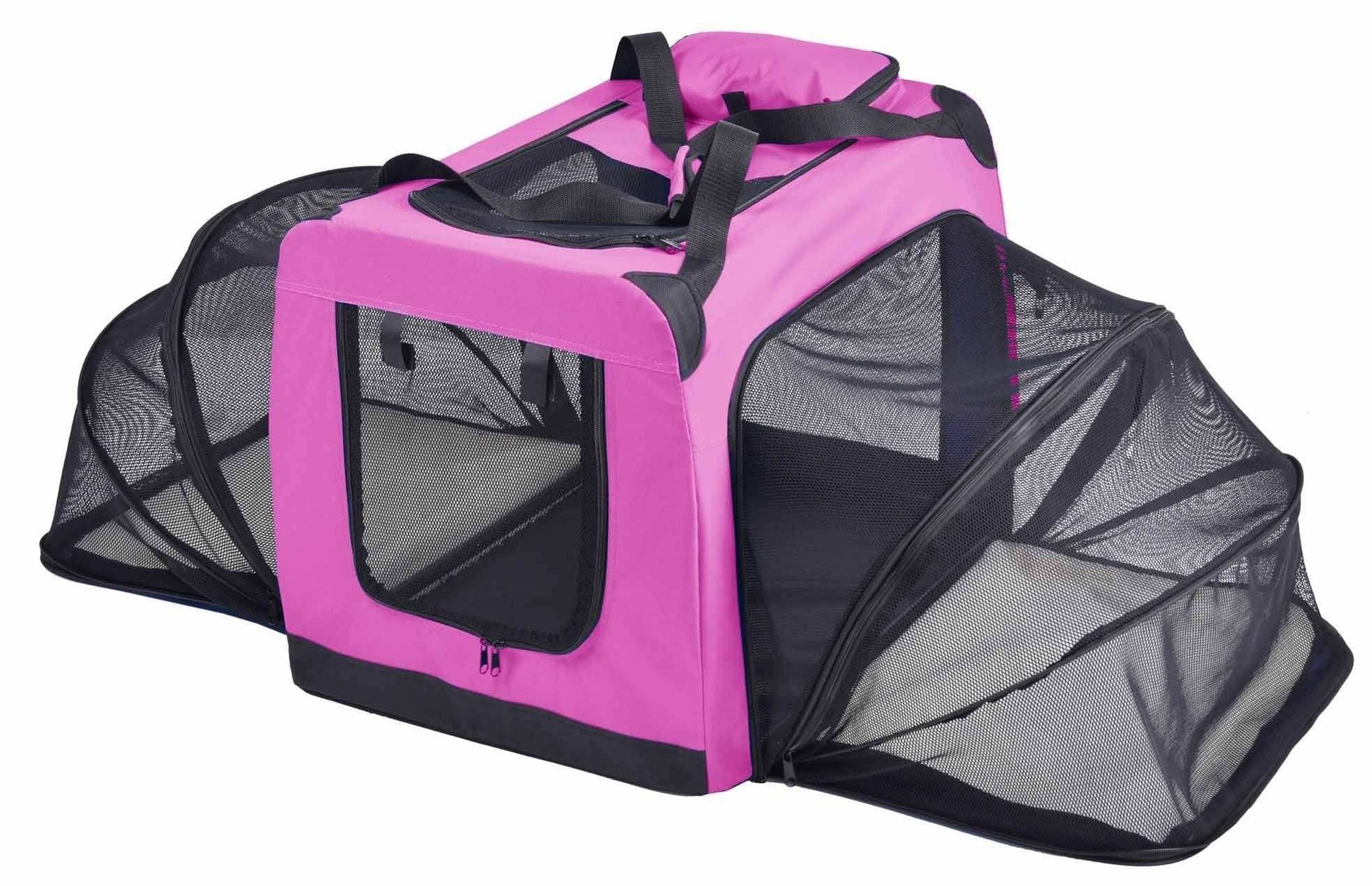 Collapsible soft sided dog crate with expandable mesh sides and removable Sherpa pads
