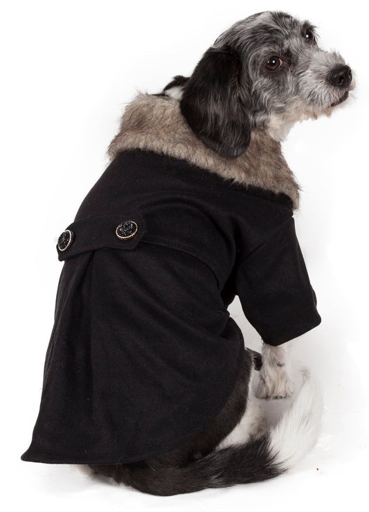 Dog wearing a coats for dogs faux-fur collared coat with dual-buttoned strap and leash slit holder