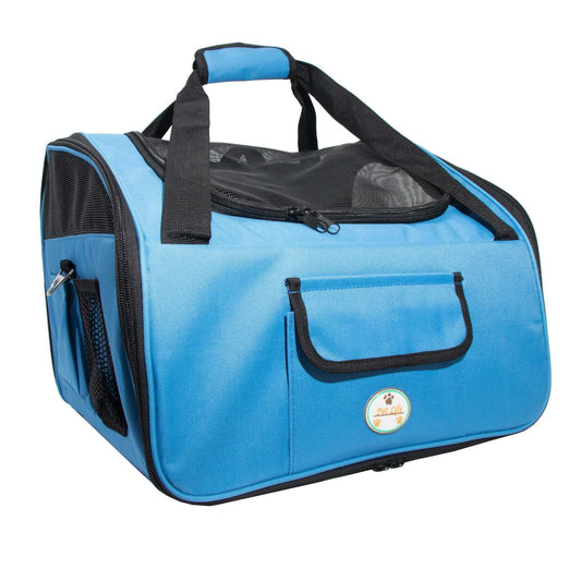 Collapsible travel wire folding dog car seat carrier with zippered mesh sunroof and nylon pouches