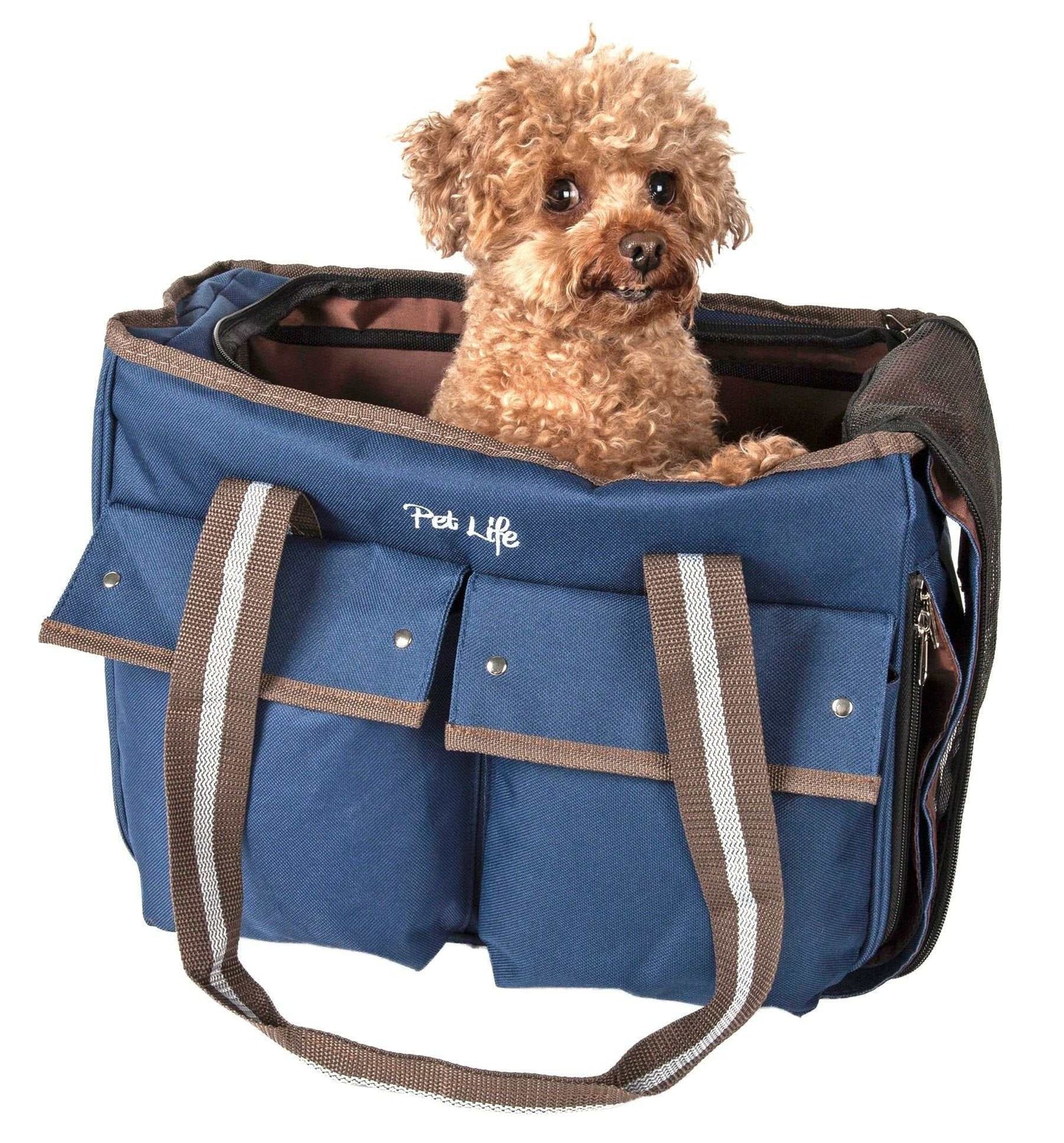 Canvas dog carrier purse with dual-front nylon pouches and mesh sunroof closures for easy carrying and pet safety