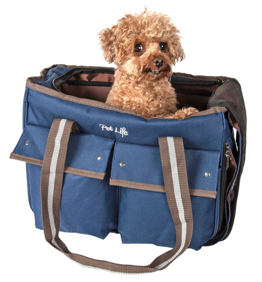 Canvas dog carrier purse with dual-front nylon pouches and mesh sunroof closures for easy carrying and pet safety