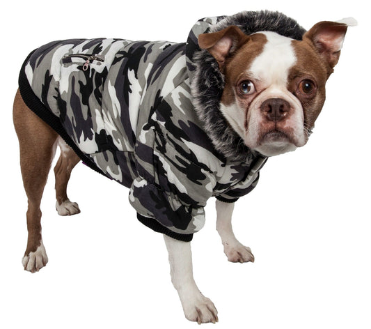 Dog wearing a warm parka coat with Thinsulate insulation and removable faux fur hood