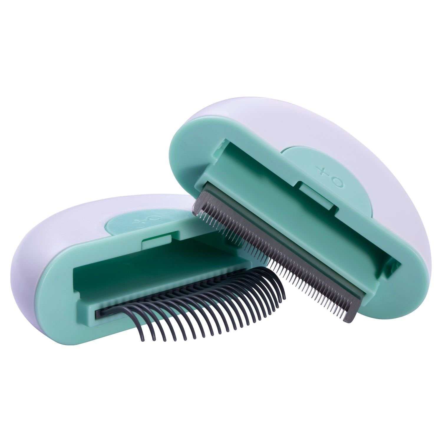 Compact 2-in-1 travel dog combs and deshedder grooming tool with stainless steel blade and flexible TPU comb for short and long hair breeds