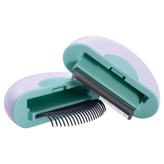 Compact 2-in-1 travel dog combs and deshedder grooming tool with stainless steel blade and flexible TPU comb for short and long hair breeds