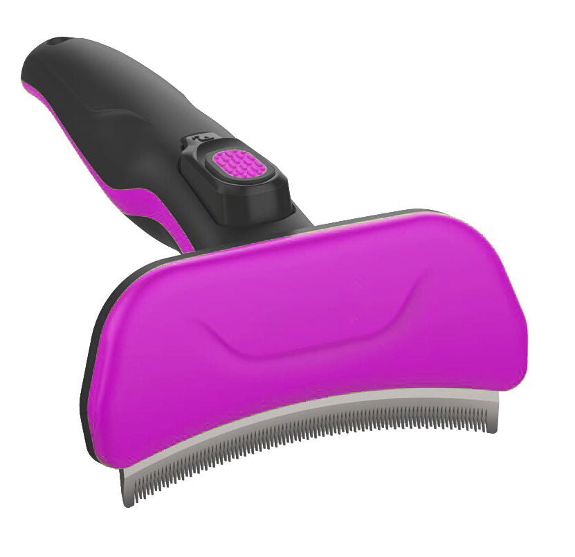 Self-Cleaning Deshedder dog grooming comb with stainless steel curved blades and ergonomic TPR handle in multiple colors