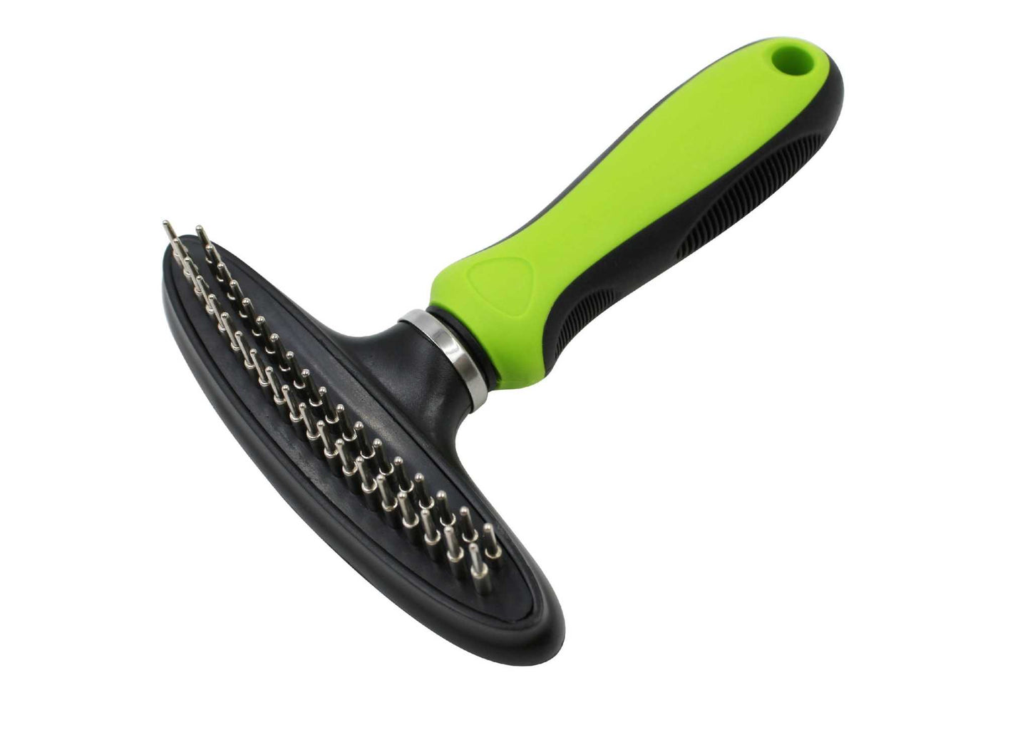 Dual-Row Undercoat Rake with rubberized grip and flexible hinge for mid-to-long haired dogs and cats