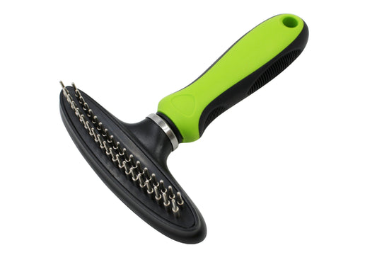Dual-Row Undercoat Rake with rubberized grip and flexible hinge for mid-to-long haired dogs and cats