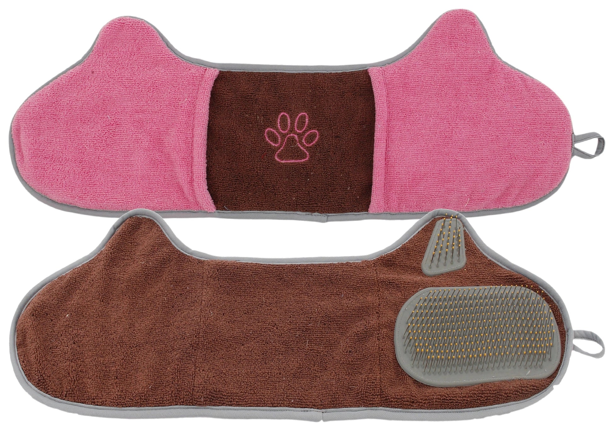 2-in-1 microfiber grooming towel and brush for dogs with built-in pin brush and dual hand pockets