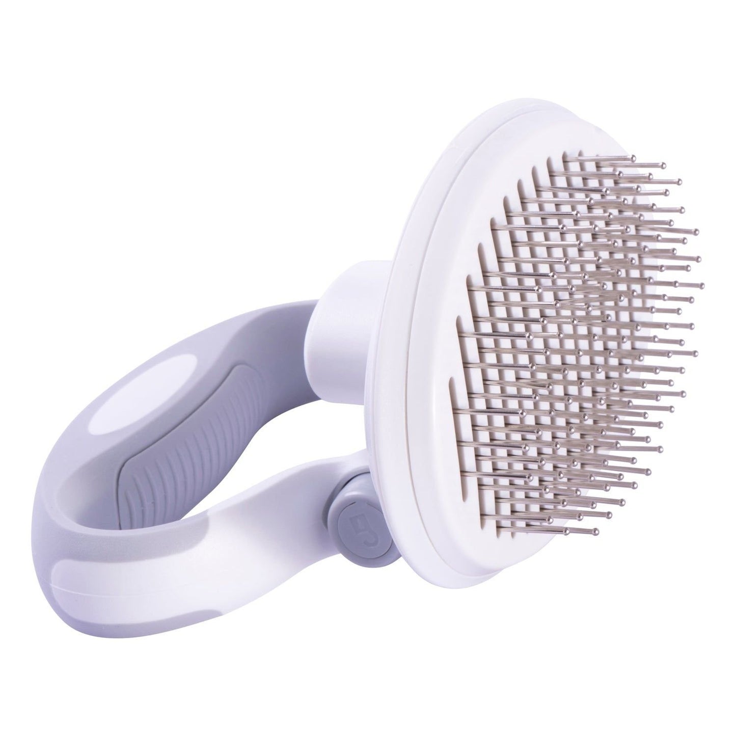 Compact dog brush with rotating handle and self-cleaning eject button for travel use