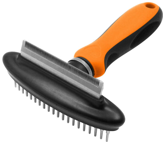 Dual-sided grooming undercoat rake with flexible hinge and rubberized grip for dogs