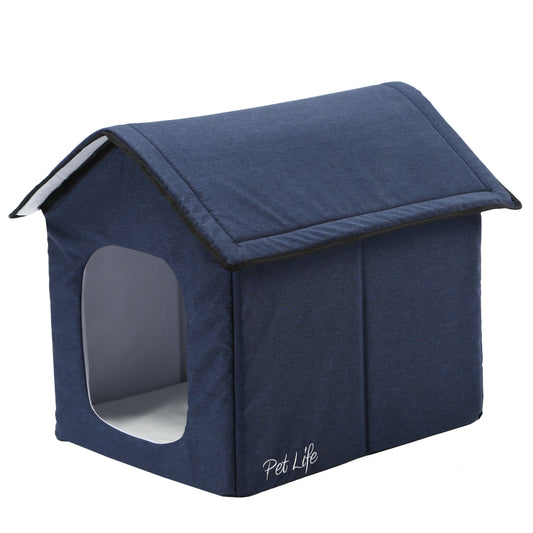 Smart dog house with electronic heating and cooling system, collapsible design with built-in fan and heated gel-foam pad
