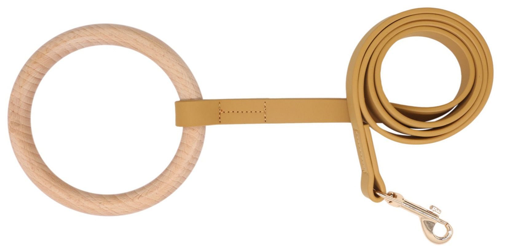 Beechwood and Leather Designer Flat Dog Leash with handcrafted circular handle and golden alloy swivel hook
