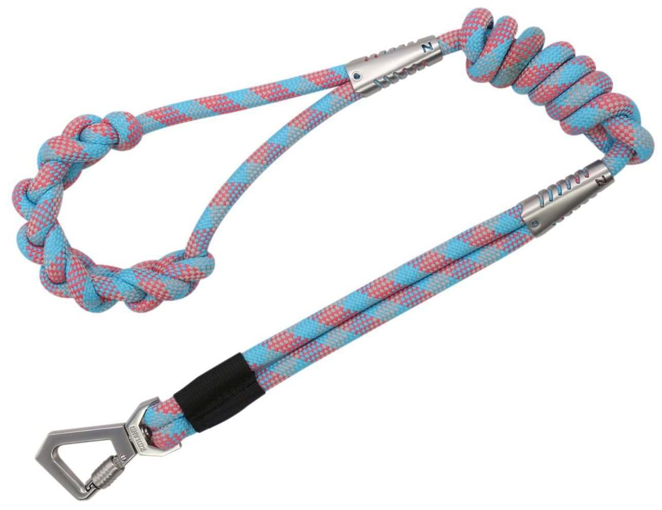 Braided nylon dog leash with one-piece knotted handle, reflective stitching, and alloy swivel safety lock for training and traffic control