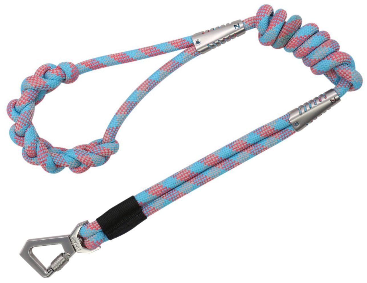 Braided nylon dog leash with one-piece knotted handle, reflective stitching, and alloy swivel safety lock for training and traffic control