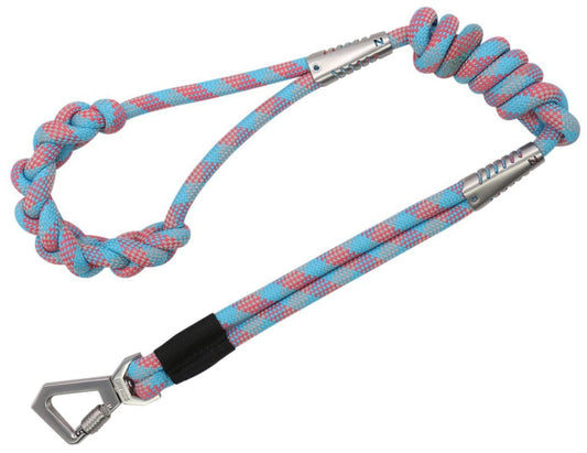 Braided nylon dog leash with one-piece knotted handle, reflective stitching, and alloy swivel safety lock for training and traffic control