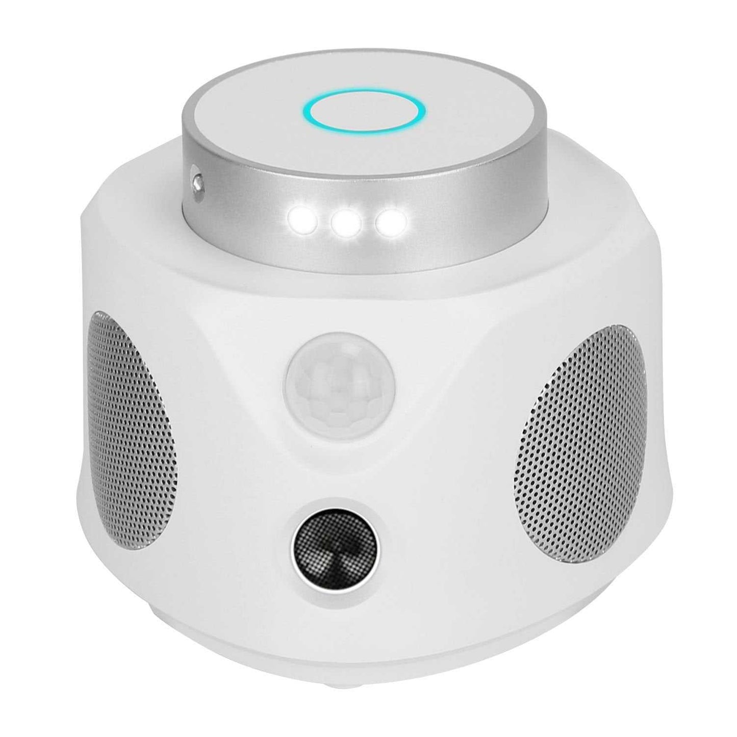 White 360° ultrasonic pest repeller with 4 speakers and 9 LED strobe lights for rodent control